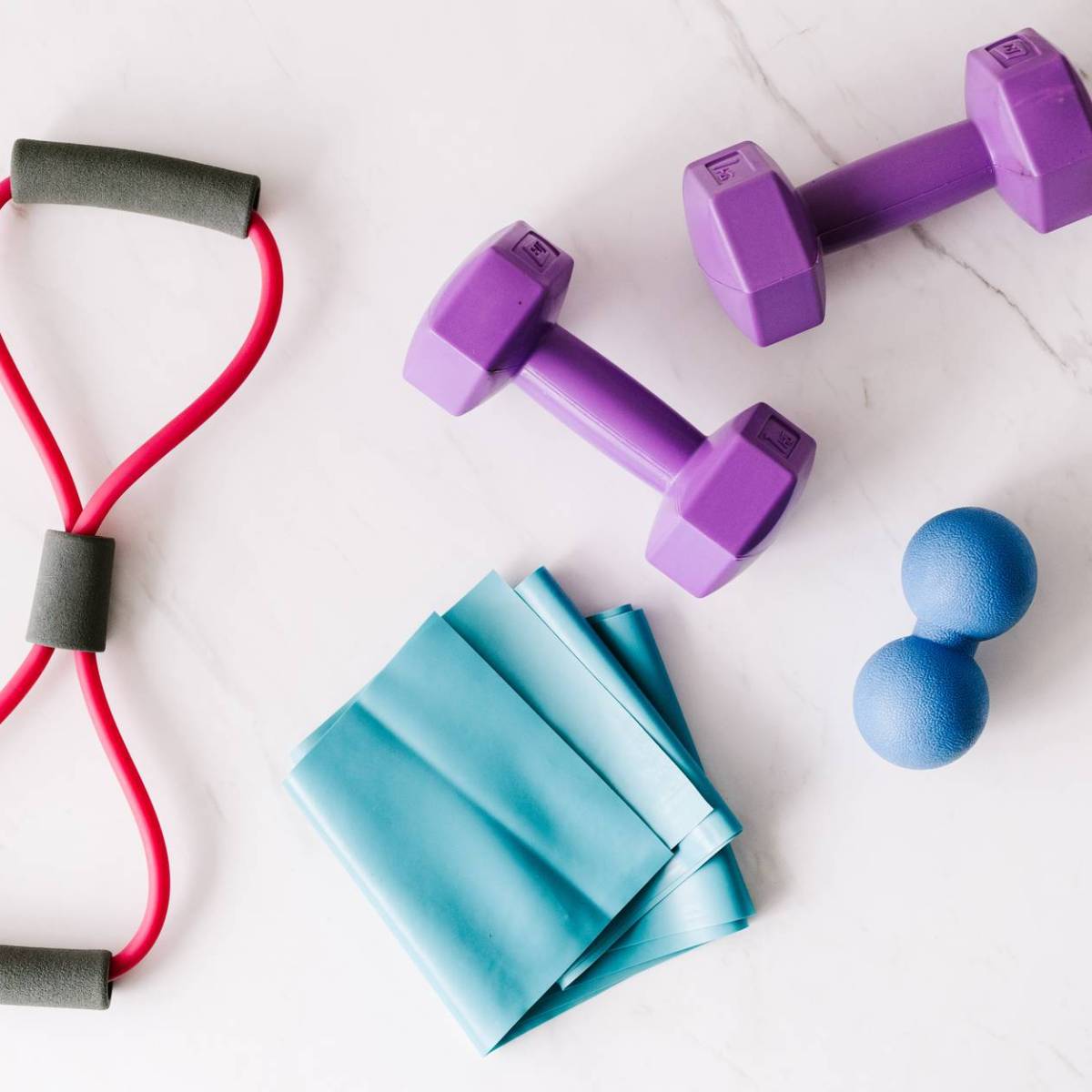colourful fitness equipment, stretch bands and weights